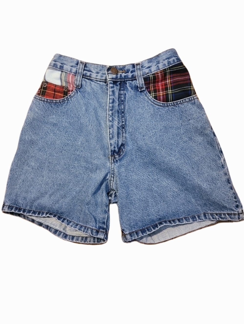 Y2k Carolina Blues Denim Shorts 3 Plaid Pockets High Waist 90s USA Grunge